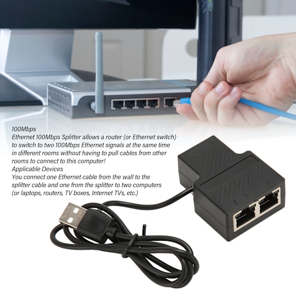 100Mbps Ethernet Splitter RJ45 1 till 2 Hög Hastighet Ethernet Splitter Adapter med USB Strömkabel