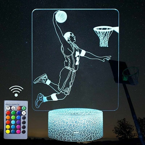 Natlampe 3D Basketballspiller Natlys, LED Dekor Illusionslampe med Fjernbetjening og Smart Knap 16 Skiftelige Lysfarver med USB-kabel