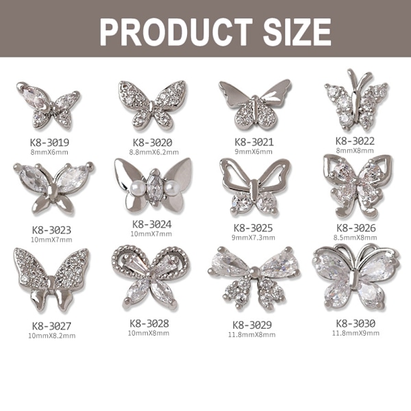 3D Silver Butterfly Nail Charms, 12 st Alloy Butterfly Nail Art Charms Shiny Zircon Nail Rhinestones Crystal för Naglar Dekor Nail Art Nail Tillbehör