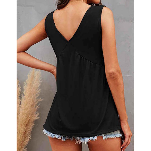 Dam V-ringad Tanktopp med Spetskant Sommar Mode Casual Lös Enfärgad Ärmlös Blus för Dagligen Hemma Resor Svart S