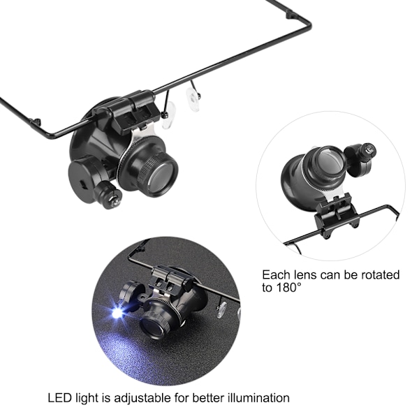 Ur Reparation Enkelt Linse Briller 20x Forstørrelsesglas Lup Juveler Værktøj LED Lys Lupe