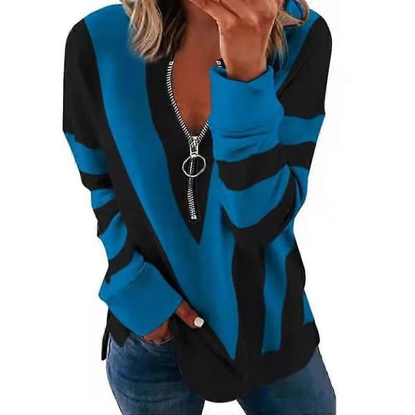 Dame Colorblock Langærmet V-hals Pullover Bluse Afslappet Løs Pasform Blue S