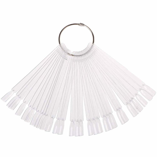 50 st transparenta fläktformade falska nagelprovpinnar nagellack övning display konstspetsar nagelprovpinnar med metalldelad ring