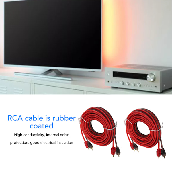 2 stk. Bil RCA Kabel Han til Han 5m Lang Universal Gummibeklædt Høj Ledningsevne til Stereoanlæg