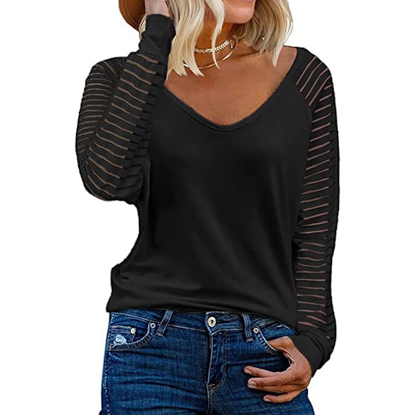 Women's tops striped mesh long sleeve shirt casual V-neck blouse shirt tops S-XXL