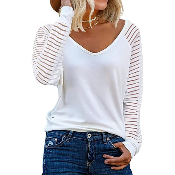 Women's tops striped mesh long sleeve shirt casual V-neck blouse shirt tops S-XXL