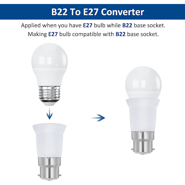 B22 til E27 Adapter Socket for Led Bulb, AC 230V, Konverteringsadaptere for å bytte fra B22 til E27, Skru inn bajonettfatning, Pakke med 6 | JUNJUN