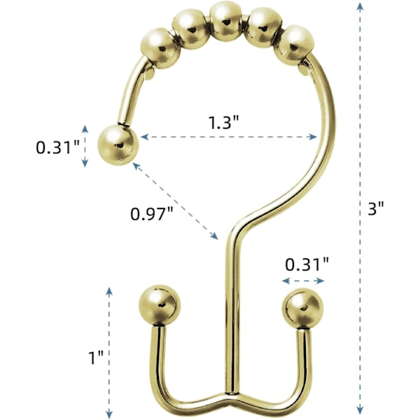 Guld bruseforhængskroge Ringe, Rustfrit Metal Dobbelt Glide Brusekroge Ringe til Badeværelse Bruseforhængsstænger, Sæt med 12 Kroge - Guld