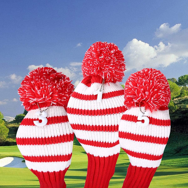 Strikket golfkøllebeskyttelse sett med 3 Pom Pom køllebeskyttelse for driver fairway wood hybrid med nummerlapper