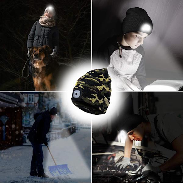 LED-valolla varustettu vaellushattu, valaistu neulottu hattu