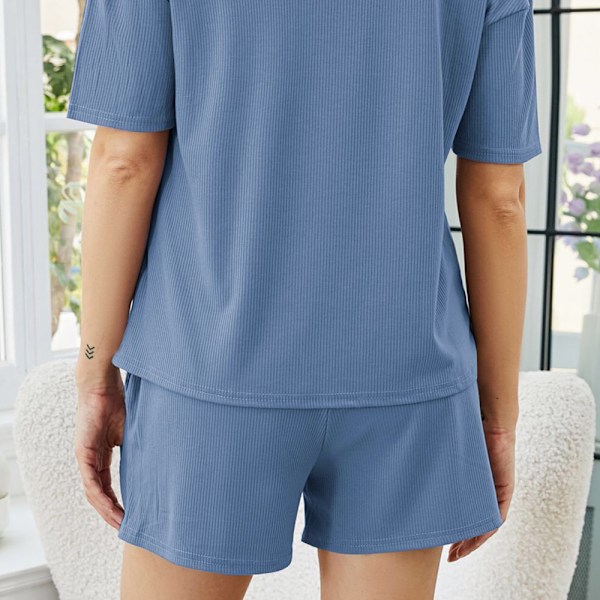 Blå pyjamas Dam ytterkläder hushållskläder Enfärgad kortärmad shorts Casual tvådelad set