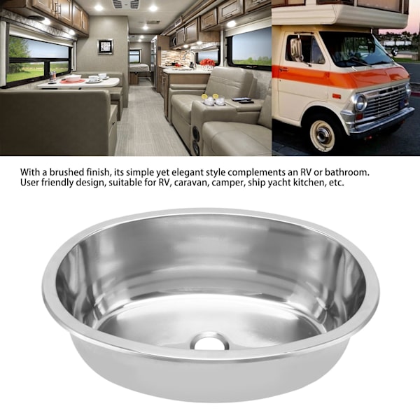 393x273mm Oval Marinbåt Sink med 40mm Avloppshål Rostfritt Stål Borstat för Husbil Yacht Husvagn Kök