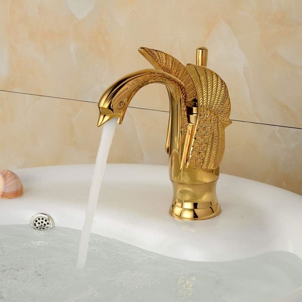Robinet de lavabo en forme de cygne doré poli en laiton massiv eb74