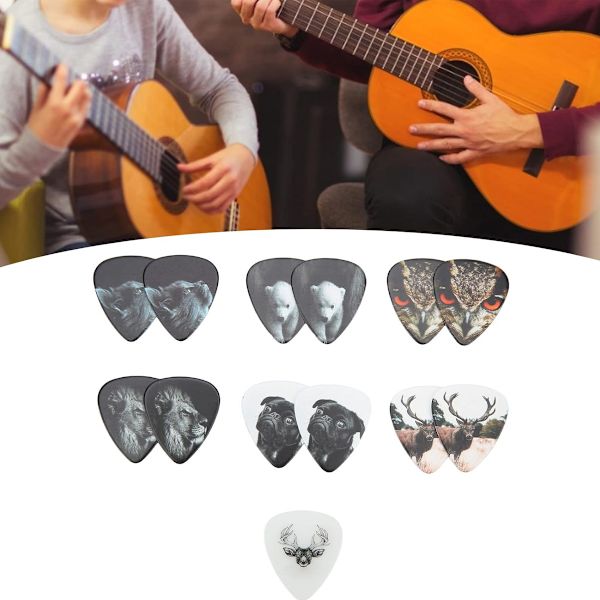 Gitarrplektrum, gitarrplektrumset med läderplektrumhållare och plåtburk, unika konstnärliga celluloidgitarrplektrum för bas och elgitarr