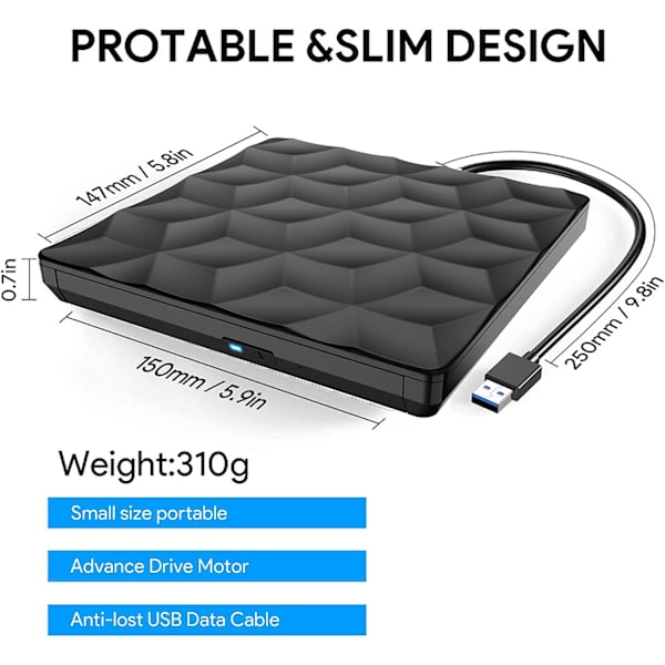 Ulkoinen CD DVD -asema USB 3.0 Type C -liitäntä, kannettava ultraohut CD DVD -asema, kirjoitin, poltin, optinen asema Windowsille, Linuxille, Mac OS:lle