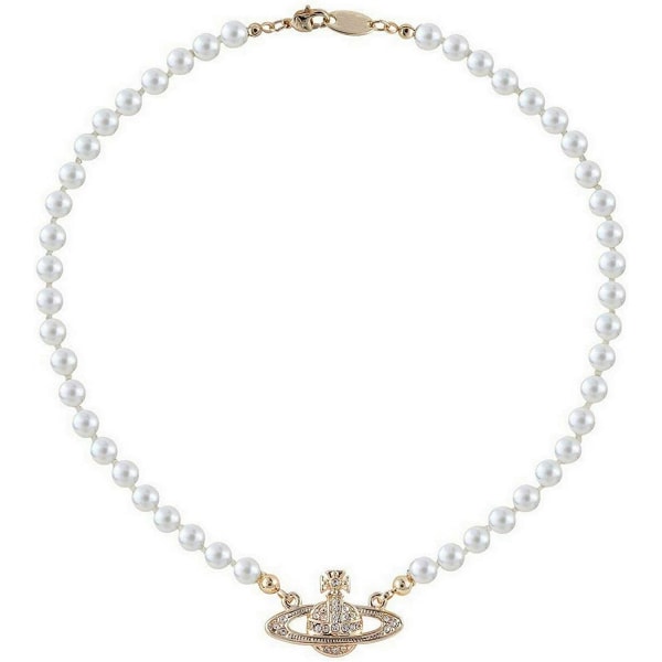 Rhinestone Faux Planet Saturn Pearl Halskjede