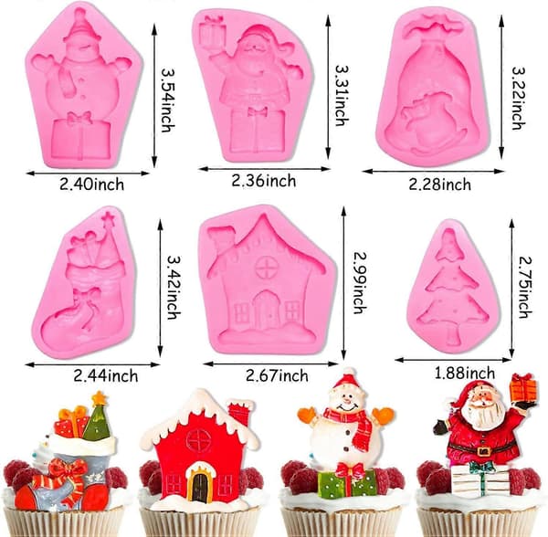 6 stk. julefondantforme, juletræ silikoneform julemandshus kageform snemand gavepose bageform jul