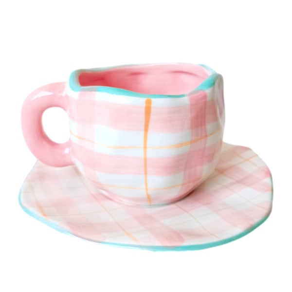 Keramisk kaffekopp, söt rosa damkopp med fat, lämplig för kontor och hem, tål diskmaskin och mikrovågsugn (250 ml).