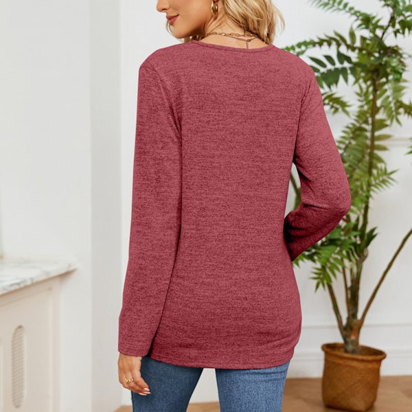 Dam V-ringad Långärmad T-shirt Spetsdetaljer Lös Modern Passform Basic Topp Tunika Tee Topp Röd S