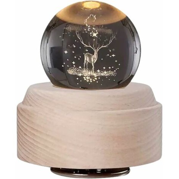 Musical Christmas Snow Globe with Swirling Glitter Rudolph Reindeer Crystal Ball with Wooden Stand LED Lamp Night Light Home Decor Ornament Birthday