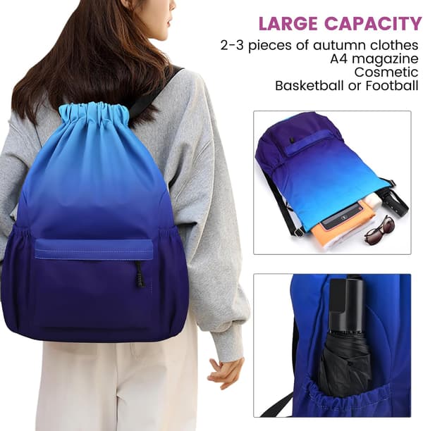 Drawstring Gym Bag, Large Drawstring Bags with Mesh Pockets, Waterproof Nylon Drawstring Bag, Drawstring Gym Bag Cyan