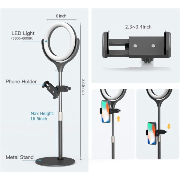 Videokonferensbelysning, 8" bordsringljus med stativ Black