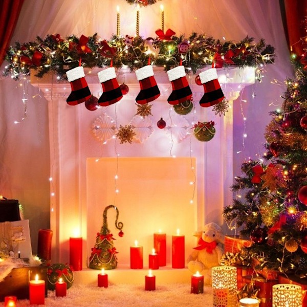 Klassiska Mini Julstrumpor För Festlig Stämning, Röd Svart Buffelrutig Design, Återanvändbar Juldekor, Perfekta Familjejuldekorationer
