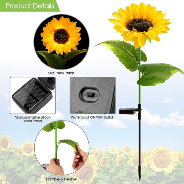 2 Pack Solar Sunflower Lights, ulkokäyttöön, sopii