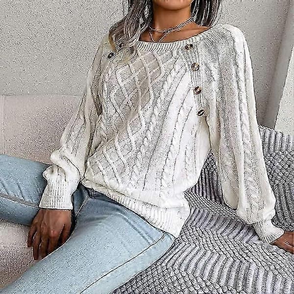 Dame Striktrøje Hyggelig Jumper Udsalg Dame Efterårstrøje Stilfuld Fast Pullover Rundhalset Trøje Jumper white S