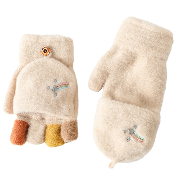 Winter Half Finger Gloves Knitted Velvet Flap Gloves Lovely Embroidered Rainbow Gloves