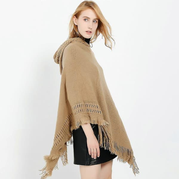 Strikket hætteponcho til kvinder, ensfarvet hæklet sjal med kvaster, oversized pullover-kappe Coffee