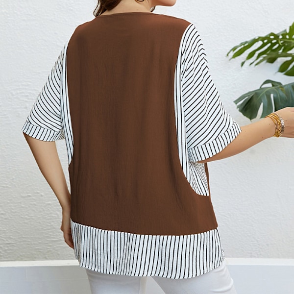 Sommartopp för damer i stora storlekar, rund hals, korta upprullade randiga ärmar, randig fåll, 2 i 1 topp, brun 2XL