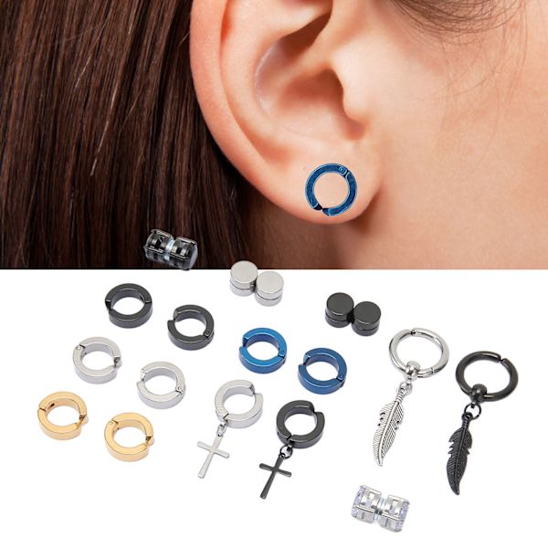 10 par magnetiska örhängen studs set i rostfritt stål zirkonia opiercerad dekor 8mm