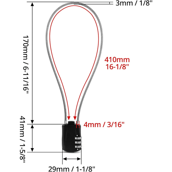 Inntrekkbar kabellås, digital kombinasjonslås med 41 cm kabel for motorsykkel sykkel snowboard ski kofferter, svart