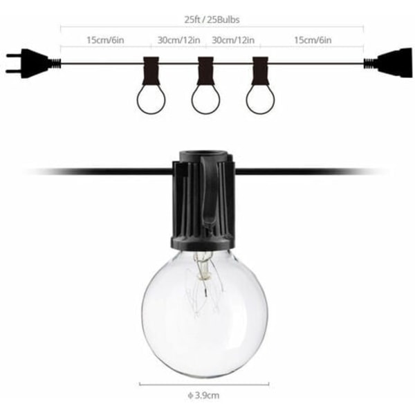 Udendørs lysguirlande, 7,62 m udendørs og indendørs Guinguette-guirlande med G40 25 pærer + 2 reservepærer, IP65 tilslutningsbar guirlande til bryllup, have,