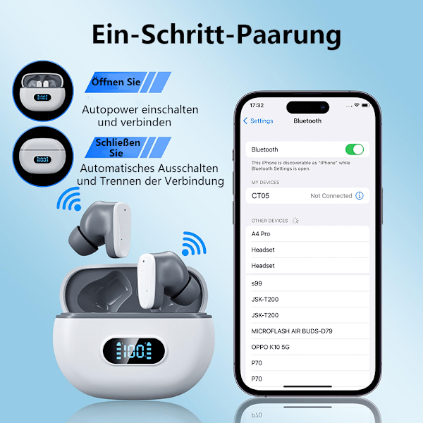 Trådløse ørepropper, Bluetooth 5.3-hodetelefoner med digitalt display, ladeetui, berøringskontroll i ørepropper med innebygd mikrofon, IPX7