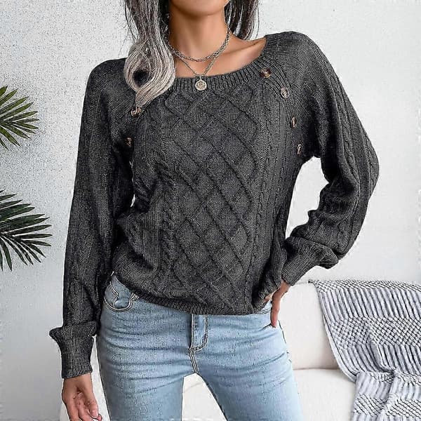 Dame Striktrøje Hyggelig Jumper Udsalg Dame Efterårstrøje Stilfuld Fast Pullover Rundhalset Trøje Jumper black M