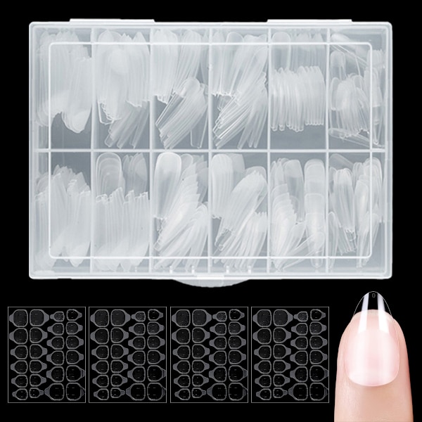 Mandelformede korte negletips, fulddækkende negletips, forformede semi-matte tips negle gelé negletips - 360 stk. 12-størrelser, 4 ark neglelim
