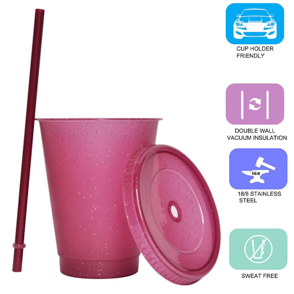 5 st glitter sequined plastvattenkopp med sugrör och lock, kaffekopp, röd, mörkgrön, vinröd, ljusgrön, ljusrosa