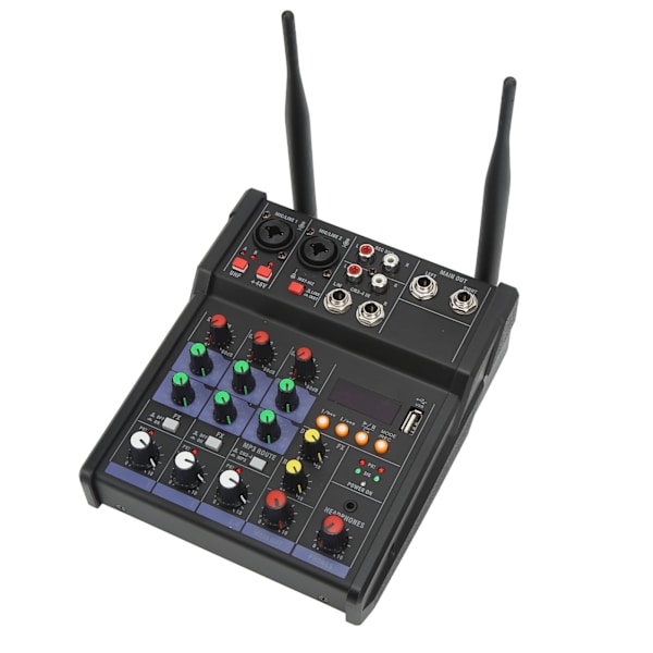 4-kanals lille Bluetooth-stereomixer med 2 trådløse mikrofoner Familiestereoprocessor til livestreaming
