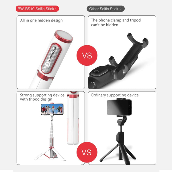 Selfie-pinne, stativ og gimbal-stabilisator med trådløs fjernkontroll