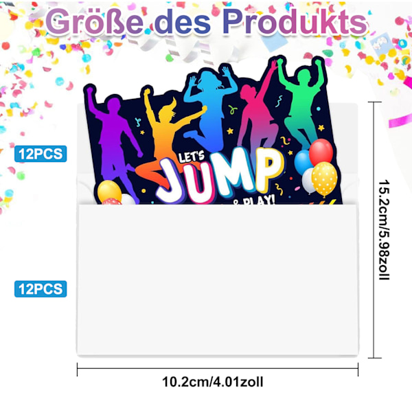 Hoppfest-invitasjonskort, 12 fargerike bursdagsinvitasjonskort for barn med 12 konvolutter Hopp Trampoline Premium Postkort for jenter gutter