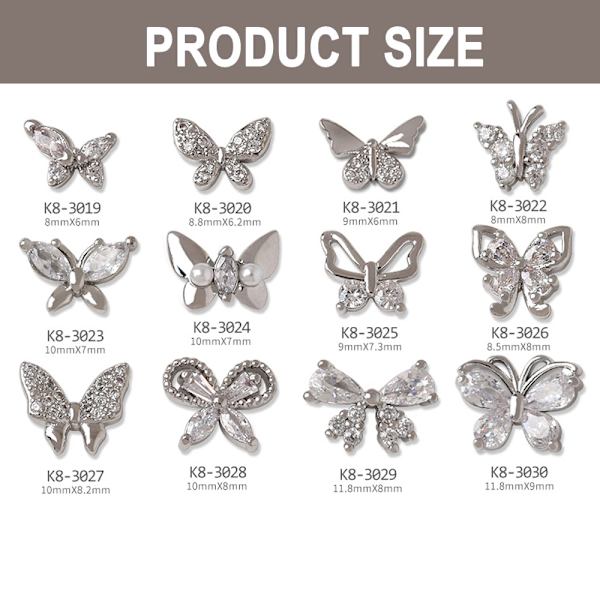 3D Silver Butterfly Nail Charms, 12 st legering fjäril nagelkonst charms glänsande zirkon nagel strass kristall för naglar dekor nagelkonst nageltillbehör