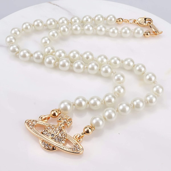 Rhinestone Faux Planet Saturn Pearl Halskjede