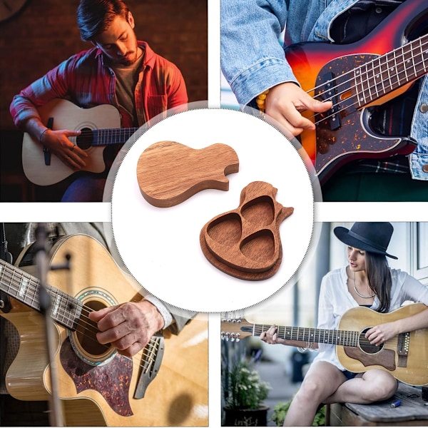Gitarrplektrumhållare i trä, graverad gitarrplektrumlåda för klassiska triangulära gitarrplektrum för presentmusikinstrument gitarrbas