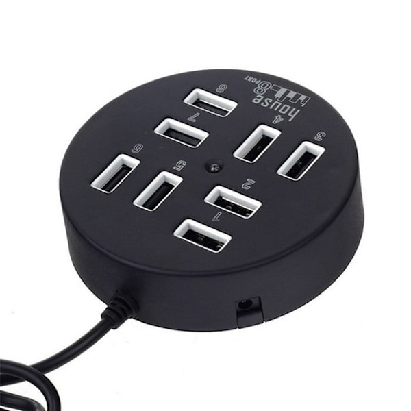 USB 8-portars låda Multi Data Transmission USB 2.0 Hub Rund form Multi-Port Splitter Laddare Adapter Ersättning med LED för USB-enheter, Telefon, USB