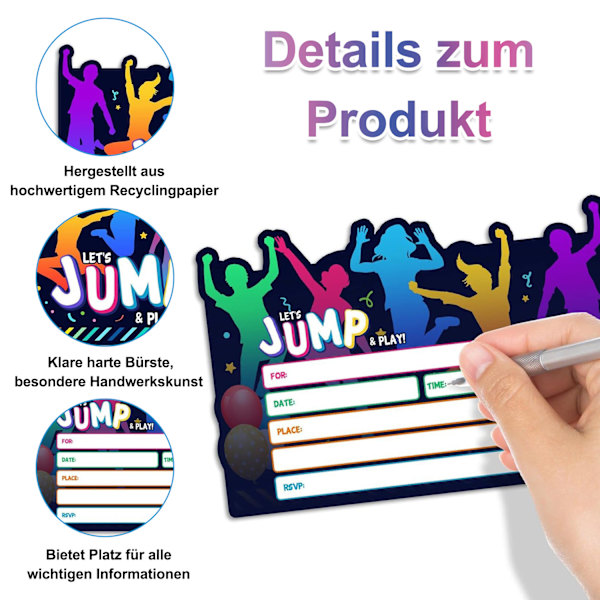 Hoppfest-invitasjonskort, 12 fargerike bursdagsinvitasjonskort for barn med 12 konvolutter Hopp Trampoline Premium Postkort for jenter gutter