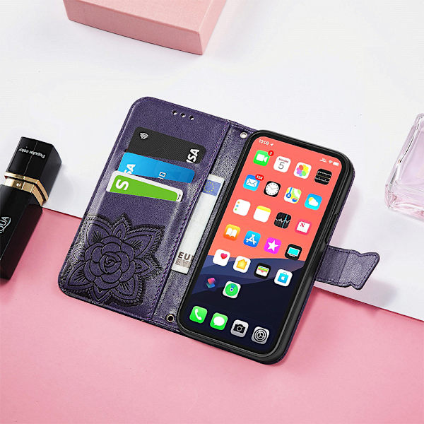 PU Läder Stativ Korthållare Strap Flip Cover för iPhone 14