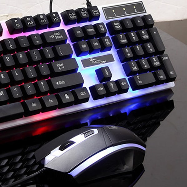 Mekanisk Gaming Tastatur og Mus Sett, Rainbow LED, USB Wired Desktop Combo (Svart)