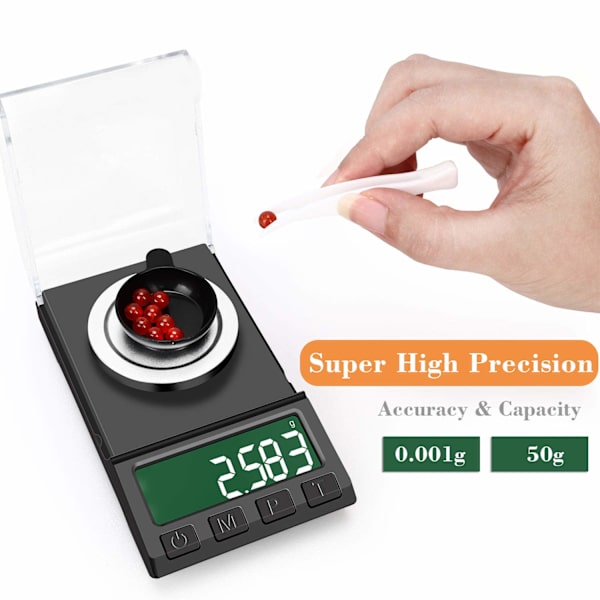 Tarkkuustaskuvaaka, 50g/0,001g Precision Scale -koruvaa'at, kannettava digitaalinen vaaka LCD-näytöllä, kalibrointipainolla, pinsetit,